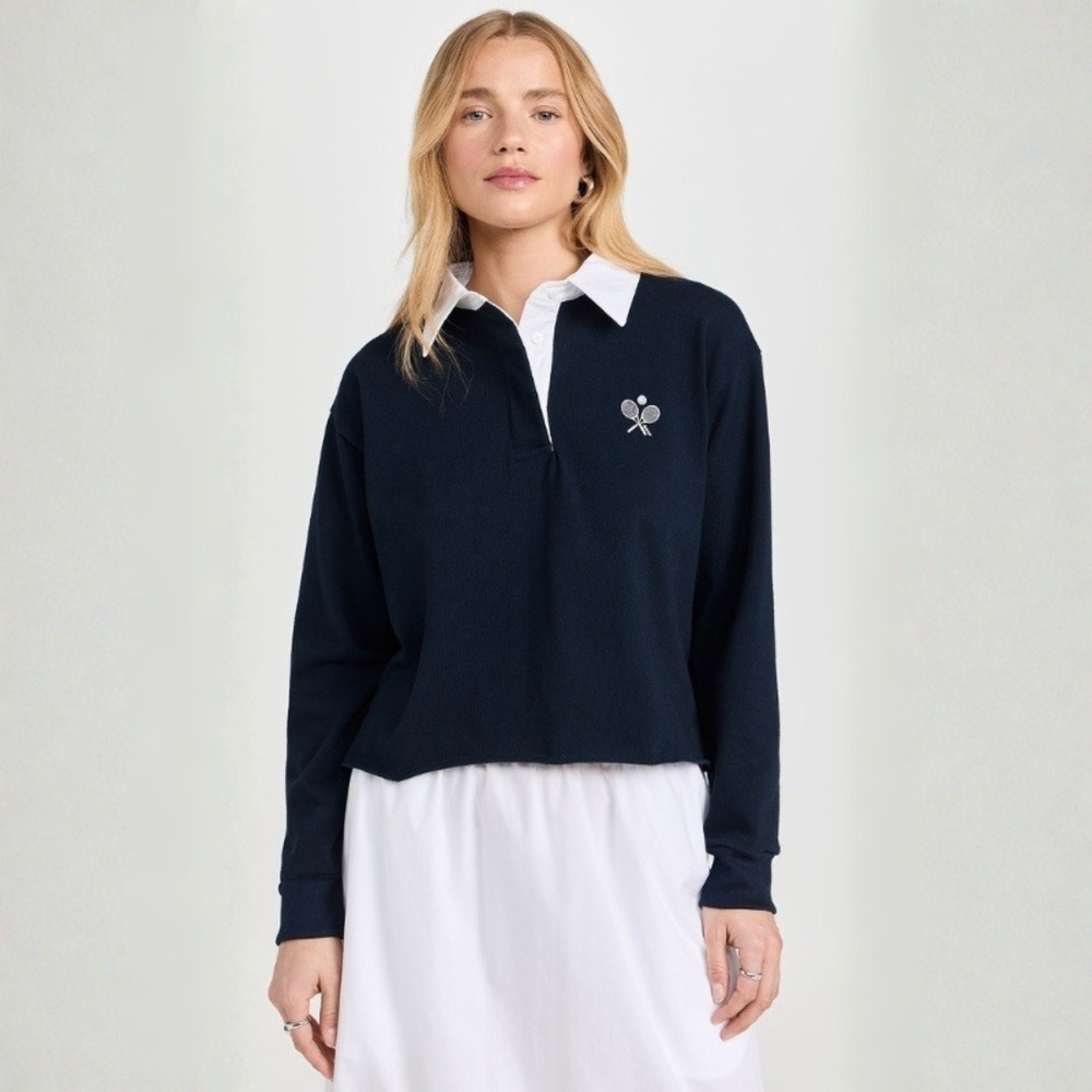 Stateside Graphic Cropped Polo Navy Blue Cotton Rugby Shirt Tennis Size XL